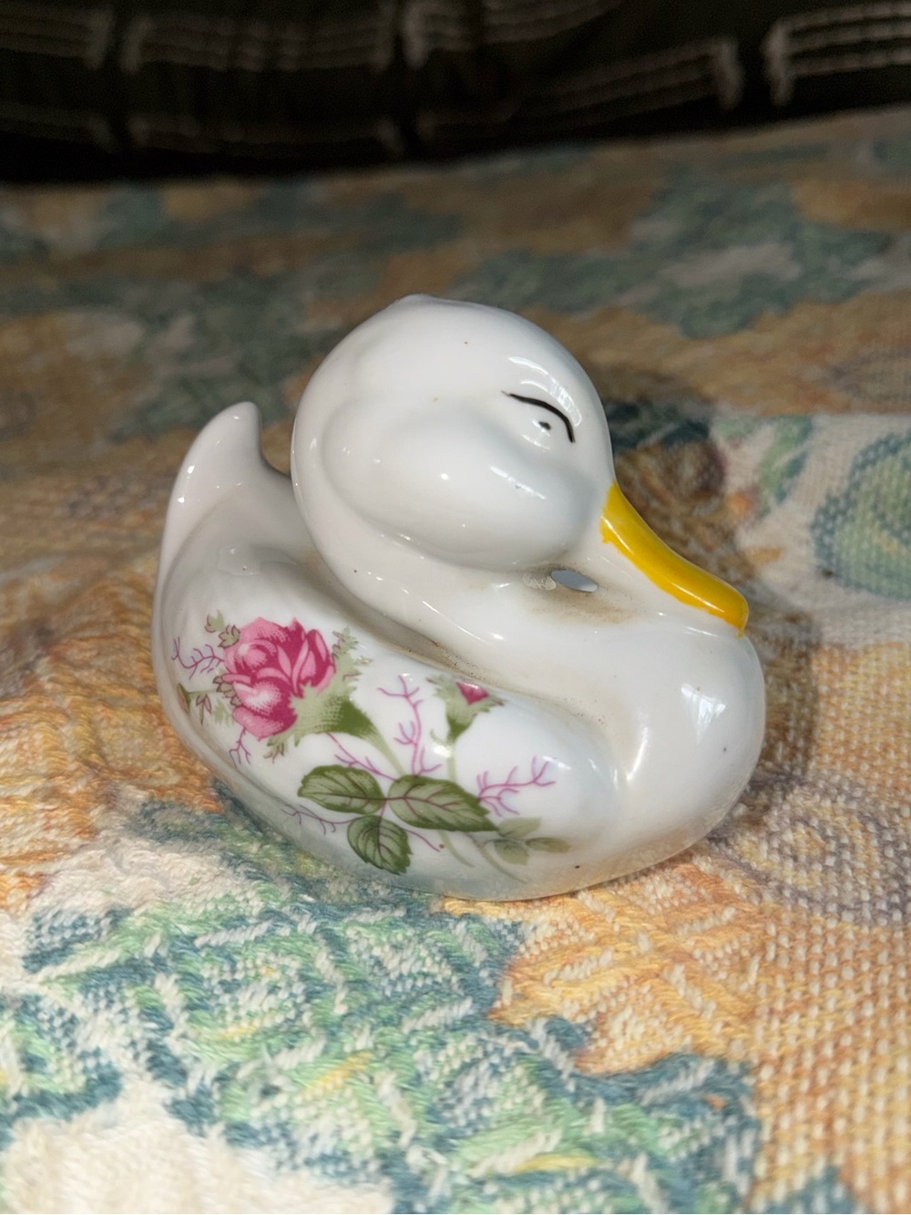 Porcelain Duck Figurine with Pink Rose Decal